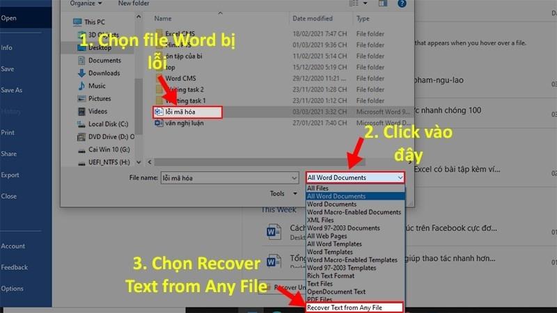 Vào All Word Documents và chọn Recover Text from Any File