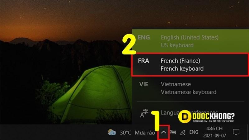 Chọn FRA để đổi bàn phím sang tiếng Pháp