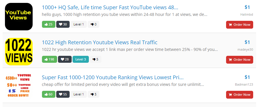 Khi truy cập vào SEOclerks, bạn tìm với từ khóa “Youtube Views” & rất dễ dàng tìm được các kết quả như trên