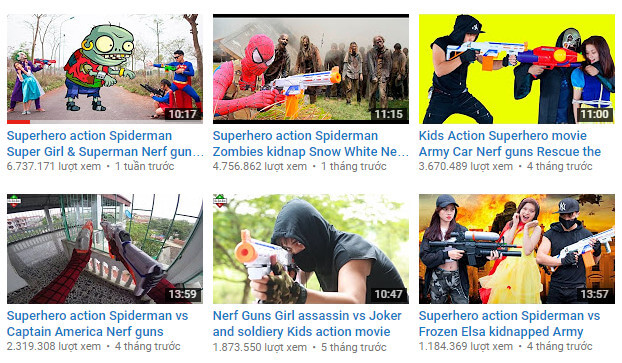 Ví dụ kênh BiBaBo Nerf War đặt ảnh thumbnail rất kích thích, tiêu đề ấn tượng. Đối tượng họ hướng đến là trẻ em