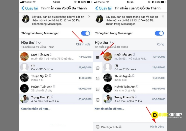 Chọn tin nhắn muốn xóa & chọn Hành động