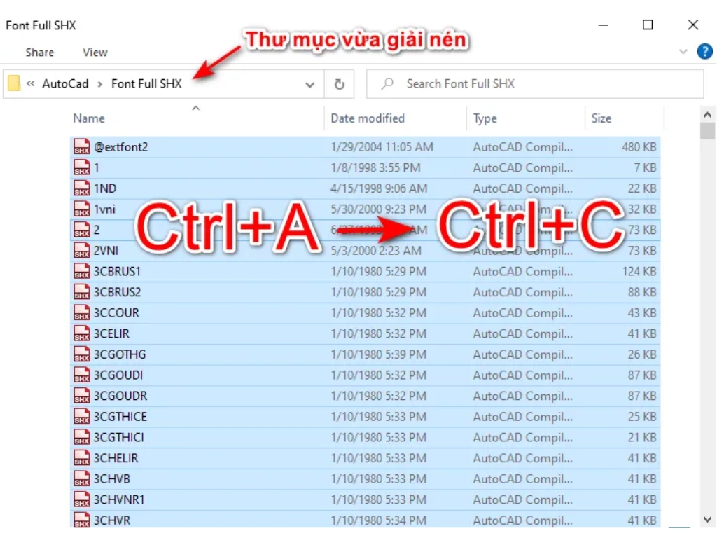 Copy toàn bộ Font chữ SHX CAD