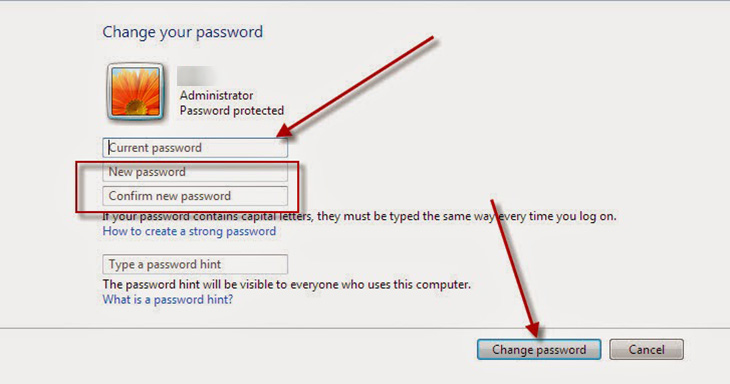Chọn Change password để đặt mật khẩu máy tính Win 7
