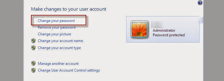 Chọn Change your password để đặt mật khẩu máy tính Win 7