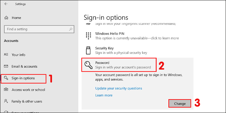 Chọn Sign-in options để đặt mật khẩu máy tính Win 10