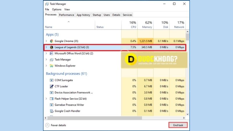 Chọn League of Legends (32 bit) và nhấn End task