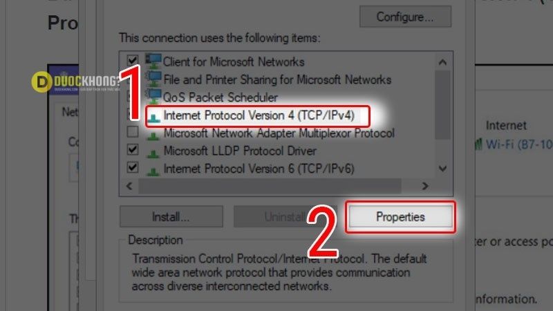 Nhấn chọn Internet Protocol Version 4 (TCP/IPv4) -> Properties