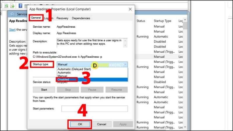 Chọn giá trị Disabled ở mục Startup type