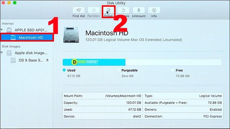 Chọn Macintosh HD rồi nhấn Erase