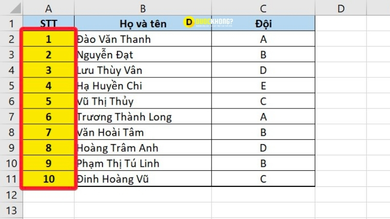 Kết quả sau khi đánh số thành công