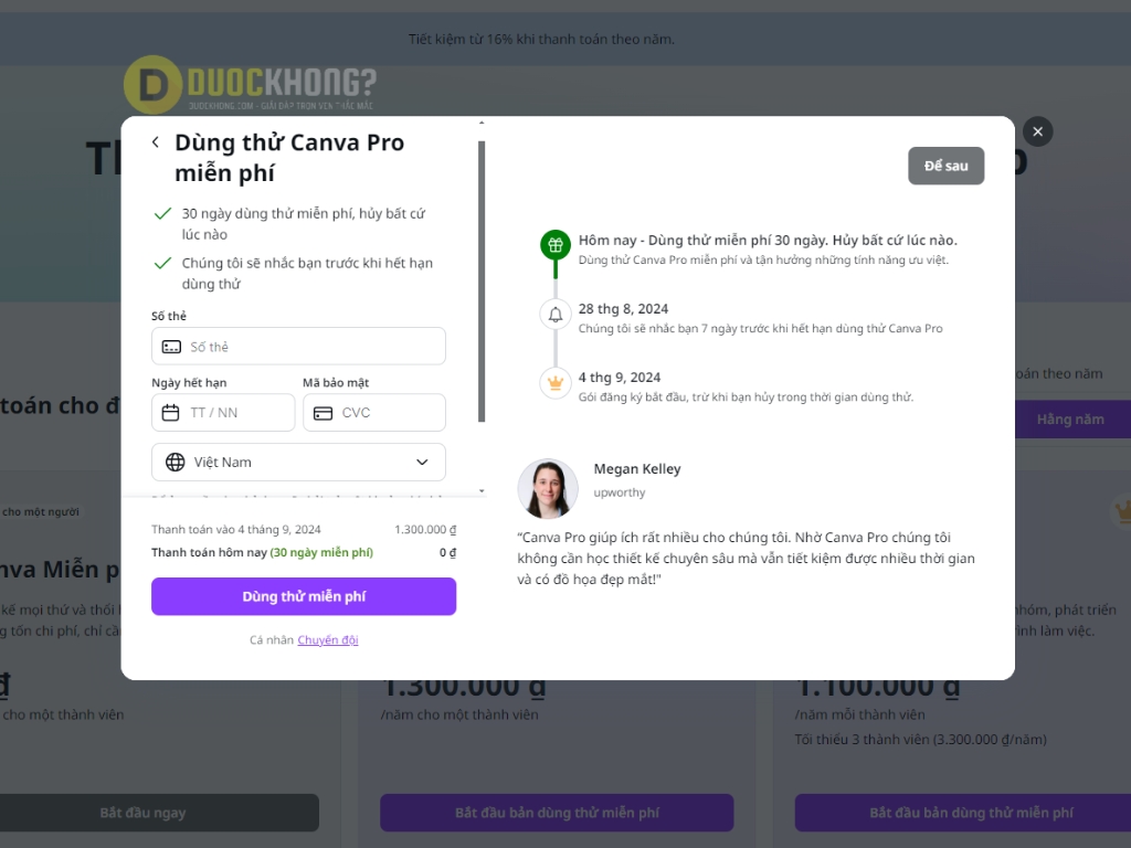 Chọn đăng ký tài khoản Canva Pro 30 ngày