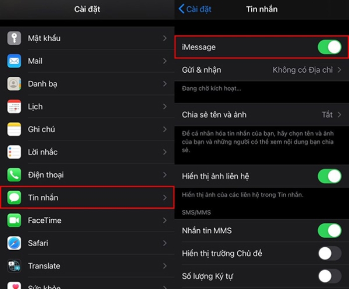 Vào cài đặt và chọn kích hoạt iMessage