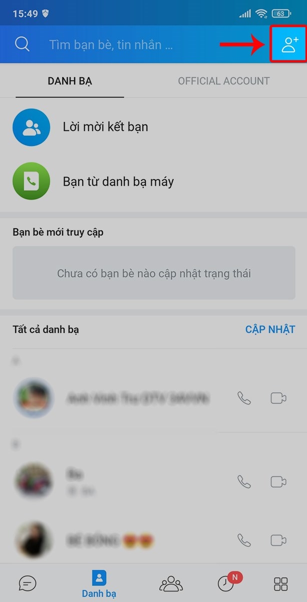 Chọn vào biểu tượng kết bạn ở góc trên bên phải