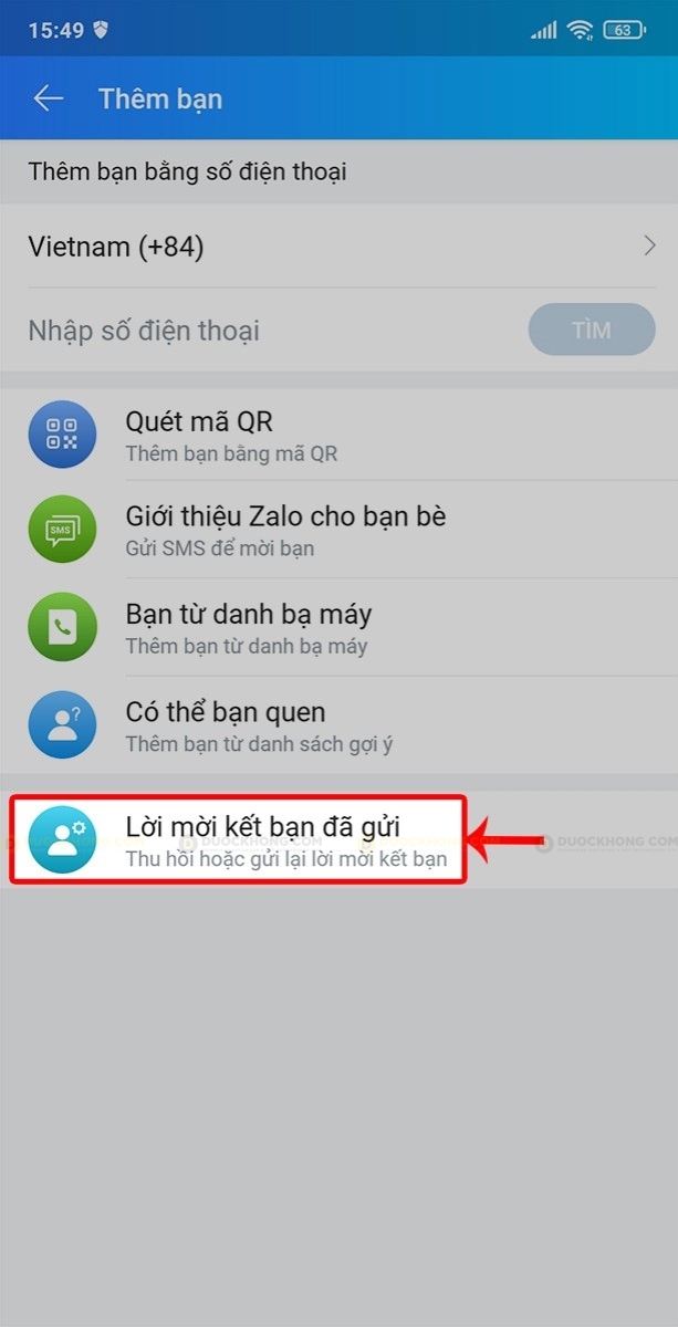 Chọn vào mục Lời mời kết bạn đã gửi