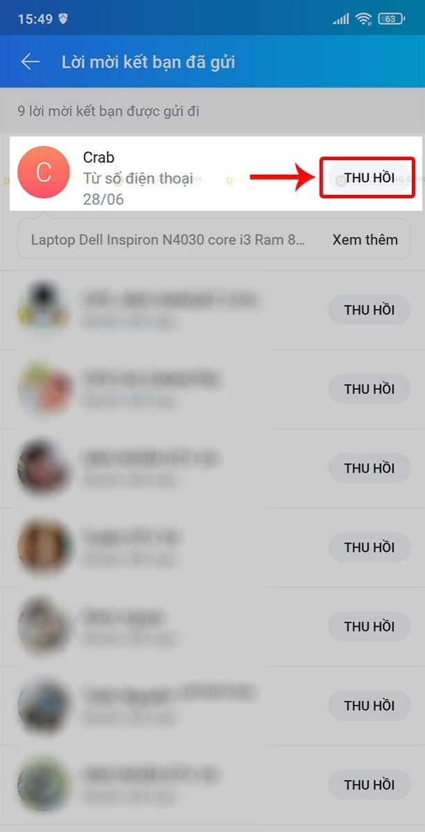 Thu hồi để hủy lời mời kết bạn đã gửi