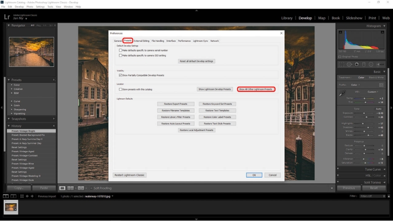 Chọn Show All Other Lightroom Preset