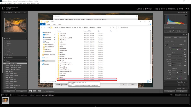 Mở thư mục Lightroom để sao chép Preset