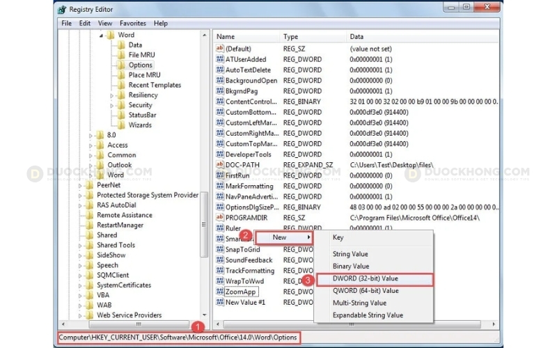 Chọn DWORD (32bit) Value để sửa lại Registry