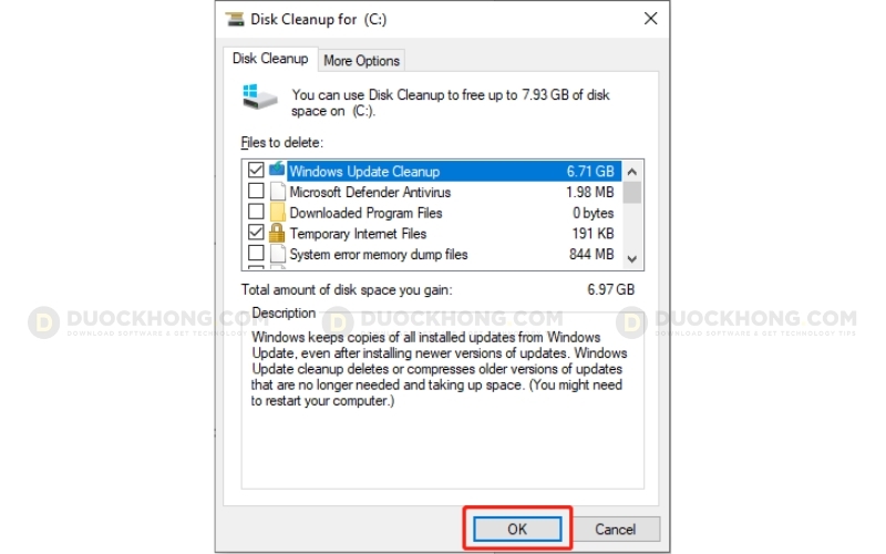 Tích chọn thư mục để Disk Cleanup bắt đầu dọn dẹp