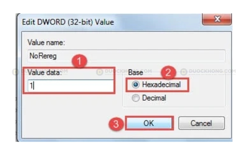 Value nhập 1 để sửa lại Registry