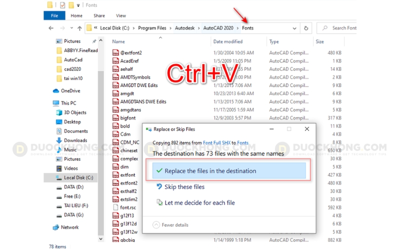 Chọn Replace the files in the destination để cập nhật font chữ mới